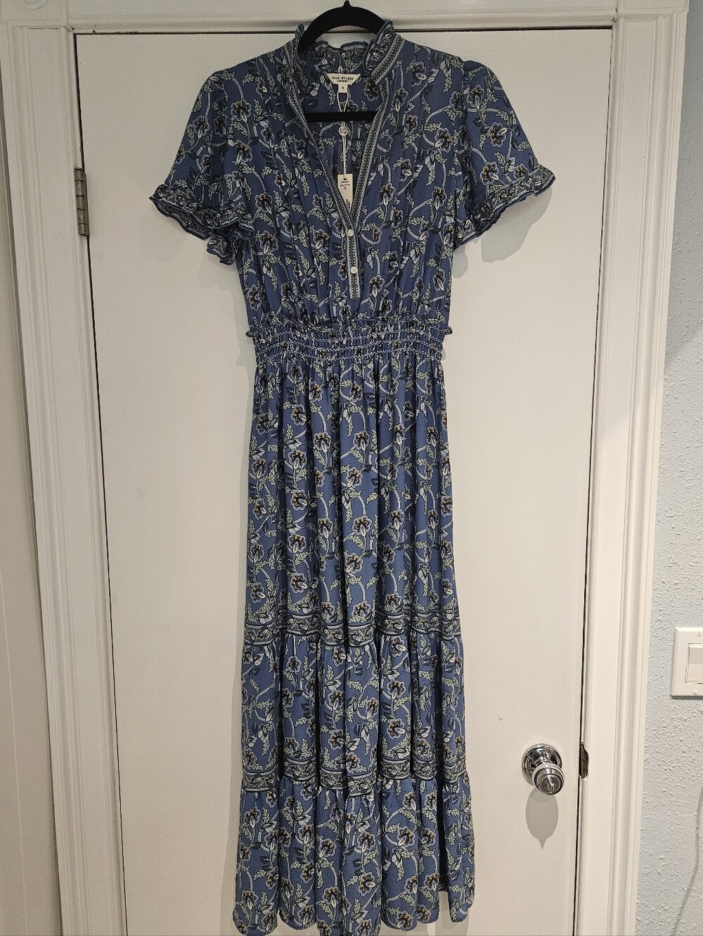 NWT Max Studio Blue Floral Tiered Smocked Maxi Dress S